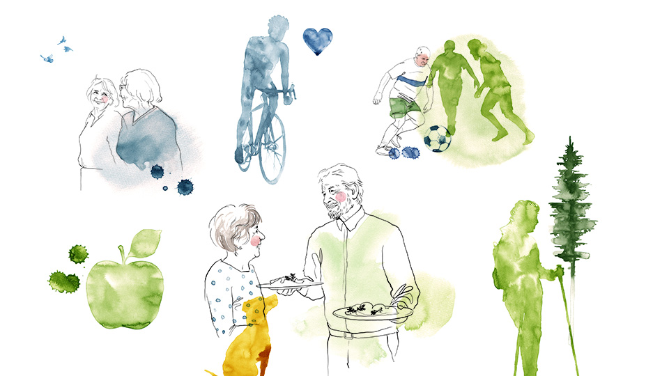 Illustration som visar äldre som ägnar sig åt att fika, spela fotboll, cykla, samtala och vandra.